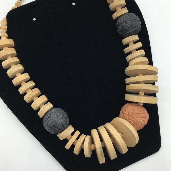 Chunky Red (Terra Cotta) & Black Clay & Wooden Disc Bead Statement Necklace - Picture 3 of 13